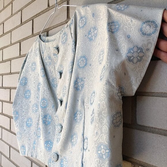 Vintage 60s Blue Silver Bolero Dress Jacket 42"B Rockabilly Shiny Brocade - Picture 10 of 13